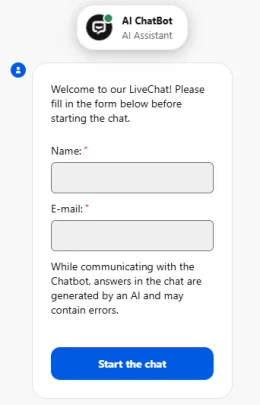 Jokabet Casino live chat support form requesting a name and email address before starting a conversation