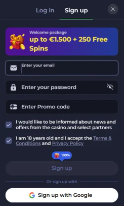 Jokabet Casino sign-up form with a welcome package of up to €1,500 and 250 free spins